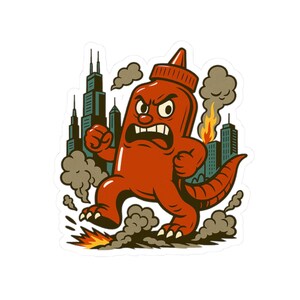 Adesivo Ketchup Kaiju - Adesivo fustellato vintage con cartoni animati, adesivo mostro divertente, arte della distruzione dello skyline di Chicago, regalo umoristico con cibo