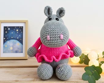 Crochet Hippo Toy Cotton, Handmade Amigurumi Hippo, Baby Girl Gift, Stuffed Animal, Nursery Decor, First Birthday Gift