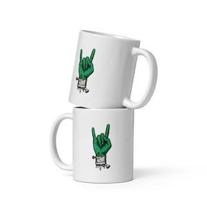 Frankenstein Hand Mug: Rock Horns with Bandages and Screws