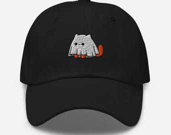 Cap with Embroidered Ghost Cat Design with Tail Visible – Available in 10 Colors