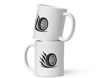 Racing Mug: Spinning Tire with Flames - Perfect for Car Enthusiasts