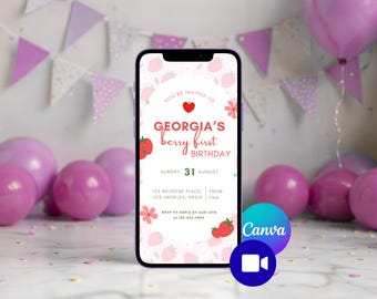 Berry First Birthday Invitation - Canva Template - 1st Birthday - Animated digital download