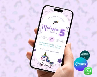 Unicorn Birthday Invitation - Digital Invite - Canva Template - Digital Download