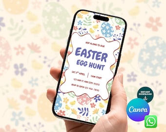 Easter Egg Hunt Mobile Invitation, Easter Sunday, Easter Greetings, Easter Bunny, Editable Canva Template, Digital Download