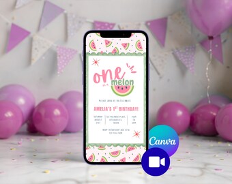 One In A Melon First Birthday Animated Mobile Invitation - Canva Template - Digital Download - Girl Birthday - Boy Birthday