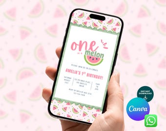 One In A Melon First Birthday Mobile Invitation - Canva Template - Digital Download - Girl Birthday - Boy Birthday