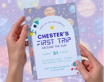 First Trip Around The Sun - First Birthday Printable Invitation - Canva Template - Digital Download - Boy Birthday - Girl Birthday