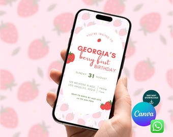 Berry First Birthday Mobile Invitation - Canva Template - 1st Birthday - Girl Birthday - Boy Birthday