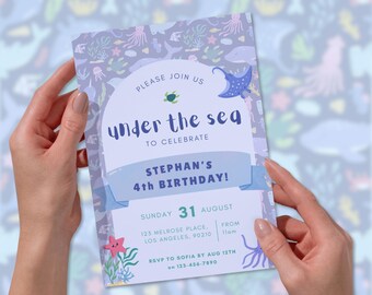 Under the Sea Birthday Invitation Template, Canva Template, Printable, Ocean Party, Birthday Boy, Birthday Girl, Kids Birthday
