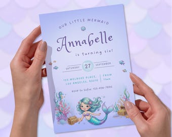 Mermaid Birthday Invitation - Canva Template - Digital Download