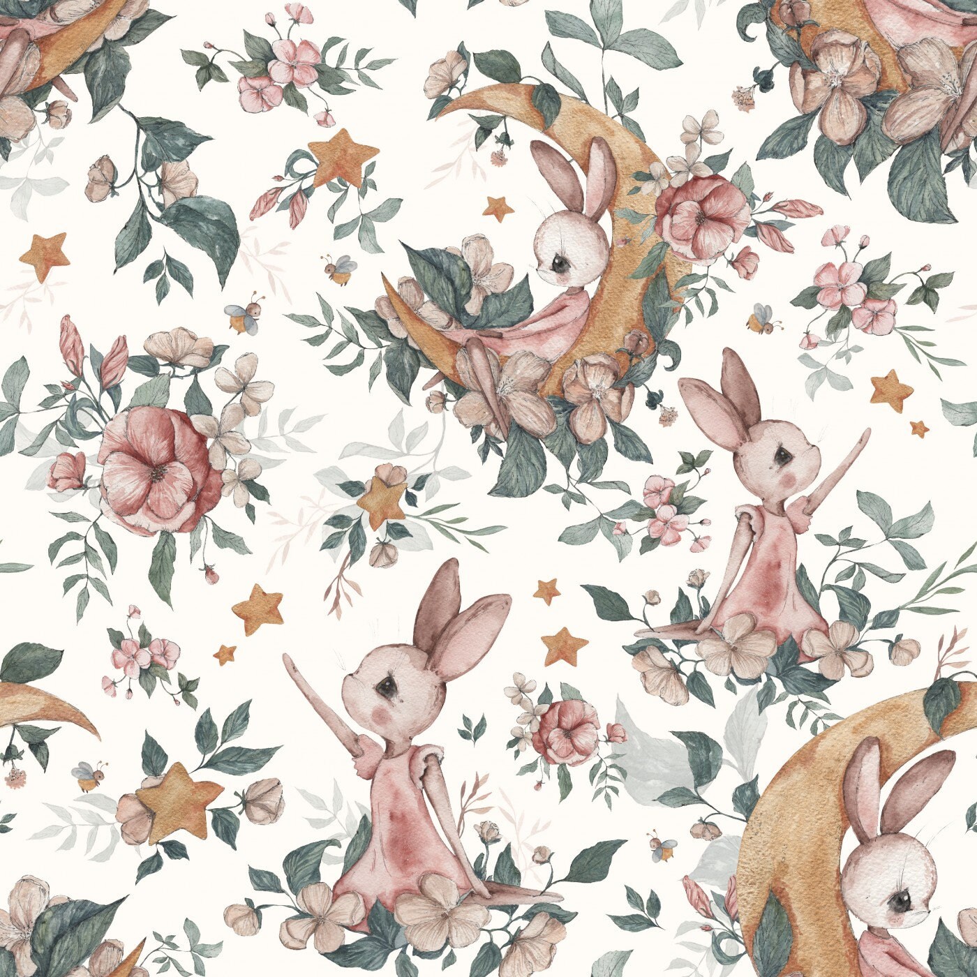 Bunny Dreams Cream Children Fabric French Terry, Rib Jersey, Softshell ...