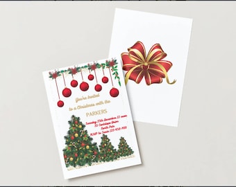 May include: Christmas party invitation featuring a red bow, gold glitter, and a red and green Christmas tree. The invitation reads "You're invited to a Christmas with the Parkers, Sunday 25th December 12 noon, 35 Cartalapa Drive, North Pole, RSVP to Susie 123-456-789."