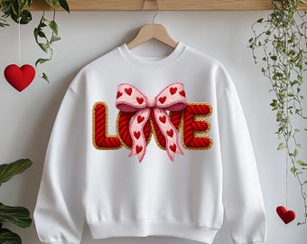 Valentine Love Bow Sweatshirt Design, Rope Letter Love PNG, Valentine’s Day Digital Download, 300 DPI Printable Graphic