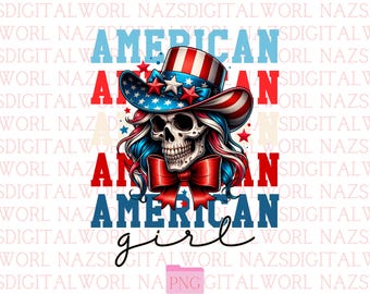 American Girl Skull PNG,4th of July Sublimation,Patriotic Skull Clipart,USA Flag Hat,Independence Day ,Red White Blue Skull Art