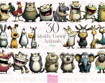 30 eigenzinnige grappige dierenafbeeldingen | Cartoon dier png-bundel | Leuke grappige dierenpersonages voor kinderen, projecten, knutsels en printables