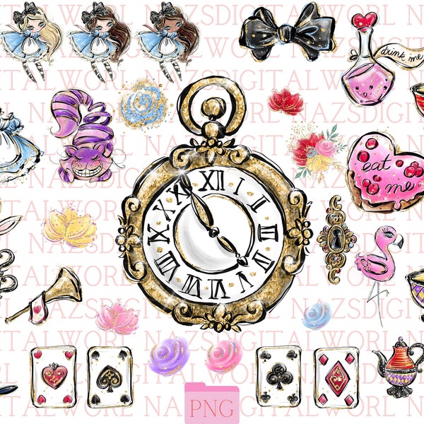 Alice in Wonderland Clipart Alice Clip Art Watercolor Mad Hatter Tea Party Eat Me Drink Me White Rabbit Key Illustration Birthday clipart