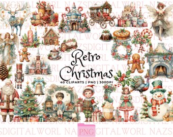 Retro Christmas Clipart PNG Bundle | 40 Vintage Holiday Graphics | Nostalgic Xmas Illustrations | Watercolor Christmas Elements