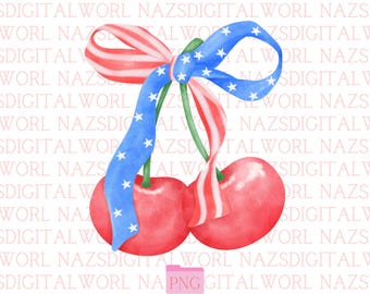 Patriotic Cherry PNG, 4th of July Sublimation Design, American Flag Bow Clipart, Red White Blue Fruit PNG, Independence Day Digital Download