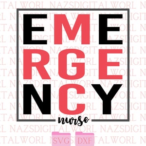 May include: A graphic design featuring the word "EMERGENCY" in large, bold letters, with "nurse" written below. The letters are in black and red, set against a white background.