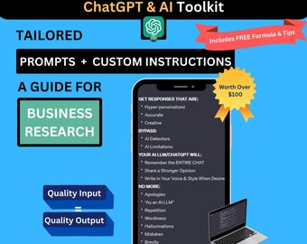 Könnte beinhalten: Ein blauer und weißer Telefonbildschirm mit dem Text "ChatGPT & AI Toolkit" und "Enthält KOSTENLOSE Formel und Tipps". Der Telefonbildschirm zeigt eine Liste von Aufforderungen und Anweisungen zur Verwendung von ChatGPT und KI für die Geschäftsforschung. Der Text auf dem Telefonbildschirm enthält auch "Wert über 100 €".