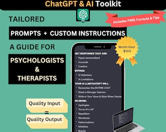 Peut inclure: Une illustration numérique verte et blanche d'un smartphone sur fond blanc. L'écran du téléphone affiche du texte sur l'utilisation de l'IA pour les psychologues et les thérapeutes. Le texte comprend les mots "ChatGPT & AI Toolkit", "Obtenez des réponses qui sont", "Hyper-personnalisées", "Précises", "Créatives", "Contourner", "Détecteurs d'IA", "Limitations de l'IA", "Votre IA LLM/ChatGPT fera", "Se souvenir de l'intégralité du chat", "Partager une opinion plus forte", "Écrire dans votre voix et votre style lorsque vous le souhaitez", "Plus de", "Excuses", "En tant qu'IA LLM", "Répétition", "Verbosité", "Hallucinations", "Erreurs", "Brève", "Ingénierie des invites", "ssage ChatGPT...", "Valeur supérieure à 100 $".