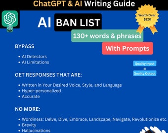 Lista de palabras prohibidas de ChatGPT AI para escritura natural: más de 130 palabras y frases comunes con instrucciones y sugerencias personalizadas (descarga digital).