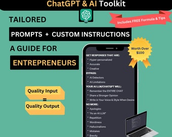 Könnte beinhalten: Eine grüne und weiße Grafik mit dem Text "ChatGPT & AI Toolkit" und "Maßgeschneiderte Prompts + Benutzerdefinierte Anweisungen: Ein Leitfaden für Unternehmer". Auf dem Bildschirm eines Laptops wird eine Liste von Anweisungen zur Verwendung von ChatGPT und KI angezeigt. Der Text "Wert über 100$" wird in einer goldenen Sternform angezeigt.