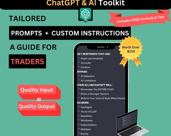 May include: A digital illustration of a smartphone with a green background. The phone screen displays a list of features for a ChatGPT and AI toolkit for traders. The text on the screen includes "Get Responses That Are:", "Hyper-personalized", "Accurate", "Creative", "Bypass:", "AI Detectors", "AI Limitations", "Your AI LLM/ChatGPT Will:", "Remember the Entire Chat", "Share a Stronger Opinion", "Write in Your Voice & Style When Desire", "No More:", "Apologies", "As an AI LLM", "Repetition", "Wordiness", "Hallucinations", "Mistakes", "Brevity", "Prompt Engineering", "ssage ChatGPT..." The phone screen also displays a gold ribbon with the text "Worth Over £100".
