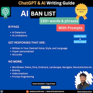 Może przedstawiać: Niebiesko-zielona grafika z tekstem "ChatGPT & AI Writing Guide" i "AI BAN LIST". Grafika zawiera listę ponad 130 słów i zwrotów, których należy unikać podczas pisania z wykorzystaniem sztucznej inteligencji. Grafika zawiera również złotą gwiazdę z tekstem "Wartość ponad 120 €".