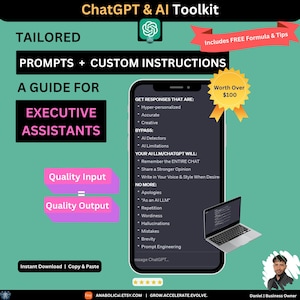 Könnte beinhalten: Eine grüne und weiße Grafik mit dem Text "ChatGPT & AI Toolkit" und "Maßgeschneiderte Prompts + Benutzerdefinierte Anweisungen: Ein Leitfaden für Führungskräfte". Die Grafik zeigt einen stilisierten grünen Kreis mit weißem Rand. Die Grafik enthält auch einen Screenshot eines Computerbildschirms mit dem Text "Erhalten Sie Antworten, die sind: Hyper-personalisiert, Genau, Kreativ. Umgehen: KI-Detektoren, KI-Einschränkungen. Ihr KI-LLM/ChatGPT wird: Den gesamten Chat speichern, Eine stärkere Meinung teilen, In Ihrer Stimme und Ihrem Stil schreiben, wenn Sie es wünschen. Nicht mehr: Entschuldigungen, "Als KI-LLM", Wiederholung, Wortfülle, Halluzinationen, Fehler, Kürze, Prompt-Engineering, ssage ChatGPT..." Die Grafik enthält auch eine goldene Sternebewertung mit fünf Sternen und den Text "Wert über 100 $".