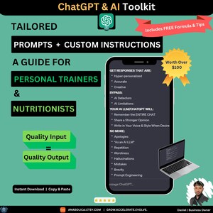 May include: A green and black digital illustration of a laptop screen with text about ChatGPT and AI Toolkit. The text includes a list of benefits and features, such as hyper-personalized responses, accurate information, and creative writing. The laptop is on a green background with a white circle in the upper left corner. The text "Worth Over $100" is in a gold circle in the upper right corner. A photo of a man is in the lower right corner.