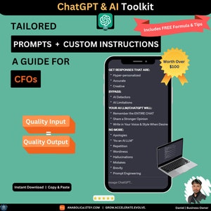 May include: A green and red digital marketing guide for CEOs titled "ChatGPT & AI Toolkit". The guide includes prompts and custom instructions for using AI to get hyper-personalized, accurate, and creative responses. It also includes tips on how to bypass AI detectors and limitations. The guide is worth over $100 and includes a free formula and tips.