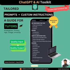 May include: A green and white digital illustration of a laptop computer with a gold ribbon and a star. The laptop screen displays text about a guide for tutors using ChatGPT and AI. The text includes the words "Get Responses That Are", "Bypass", "Your AI LLM/ChatGPT Will", and "No More". The text also includes a price tag that says "Worth Over $100".