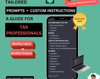 May include: A green and white graphic with the text "ChatGPT & AI Toolkit" and "Tailored Prompts + Custom Instructions: A Guide for Tax Professionals". The graphic also includes a laptop computer with a screen displaying a list of features and benefits. The graphic is set against a black background.