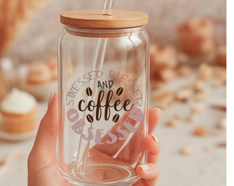 Boîte en verre de 18 oz pour les personnes stressées, bénies et obsédées par le café.