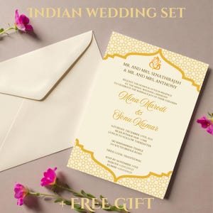 May include: A yellow and white wedding invitation with a gold border and intricate design. The invitation features the names "Mina Marodi & Sonu Kumar" and the date "Saturday, December 15th, 2024".