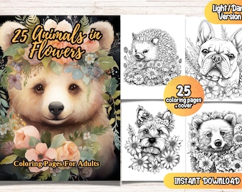 May include: A digital download of 25 colouring pages featuring animals in flowers. The cover image shows a brown bear cub with a flower crown. The text "25 Animals in Flowers" and "Coloring Pages For Adults" is included on the cover.
