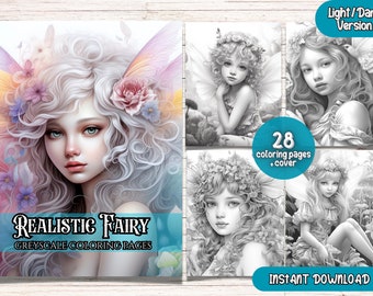 28 Realistic Fairy, Greyscale Coloring Pages for Adults, instant download, printable PDF file.