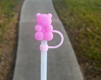 Teddy bear straw topper, girly pink straw topper, pink jelly bear straw cap, cute 3D straw cap