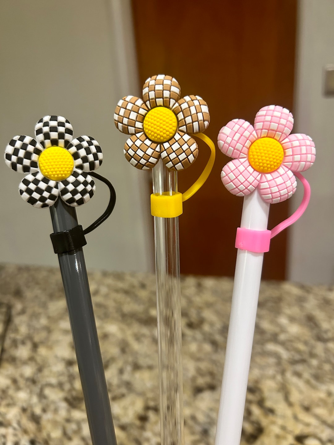 Flower Straw Topper, Checker Straw Topper, Pink Flower Straw Topper, Brown Straw Topper Etsy