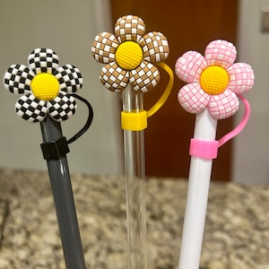 Flower straw topper, checker straw topper, pink flower straw topper, brown straw topper