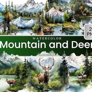 Pacote de clipart de veado e montanha, pacote de png de veado na frente de montanha nevada, arte de clipart em aquarela, plano de fundo para impressão de uso comercial