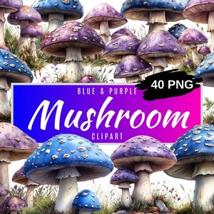 Watercolor Mushroom Clipart - Blue and Purple Cute Forest Nature Mushroom, Clip Art PNG Format, Commercial Use, Instant Download