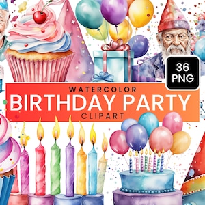 Pacote de 36 clipart de festa de aniversário em aquarela, coleção de balões de bolo e png de feliz aniversário, convites para cartões de aniversário, uso comercial