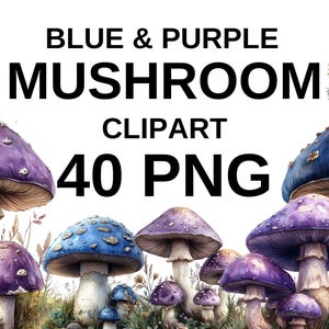 Clipart de aquarela de cogumelo roxo azul, arte de floresta de cogumelos, clipart de fantasia, pacote de cogumelo roxo PNG, download instantâneo de clipart de FLORESTA