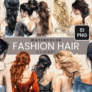 Aquarela Mulher Cabelo Clip Art, Moda Clipart, Lindos Gráficos de Cabelo, Preto, Loira e Morena Cabeleireiro Png, Cabelo Natural Clipart