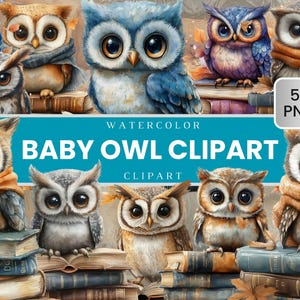 53 Baby Eule Bücher Aquarell Clipart, magische mystische Kunst, Fantasy Baby Eule PNG, magische Clipart, sofortiger Download, kommerzielle Nutzung