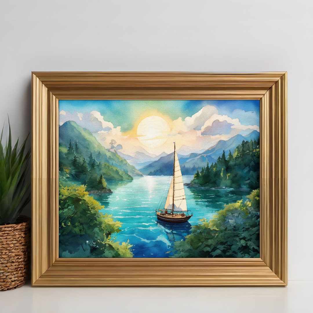 PRINTABLE Watercolor Sailboat Art Tranquil Landscape Painting Sunset ...