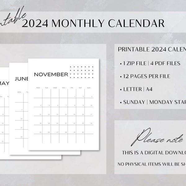 2024 Monthly Calendar | Simple Clean Modern Minimalist | Digital Download | Printable PDF | Letter, A4 | Sunday, Monday Start | Portrait