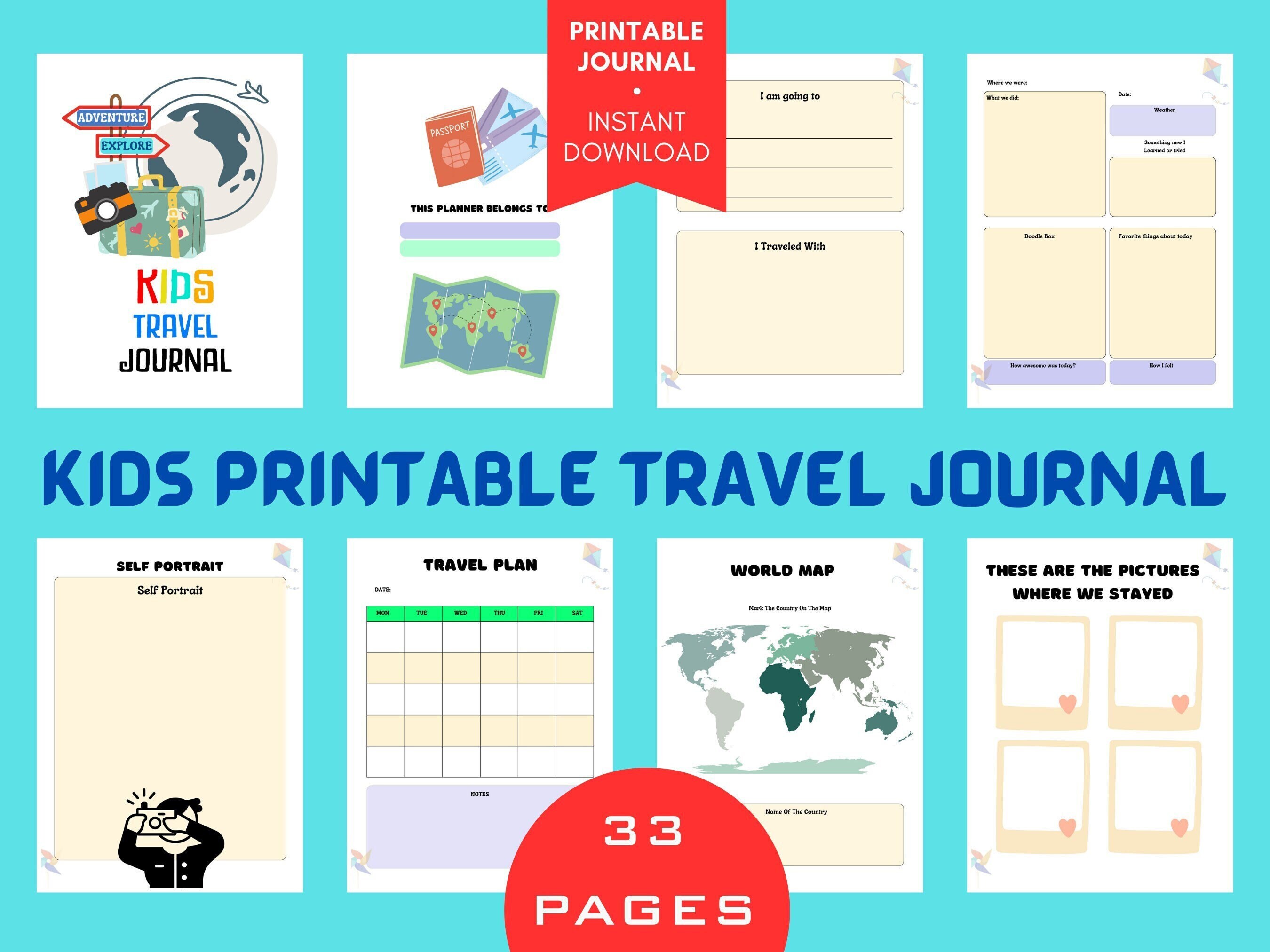 Printable Kids Travel Journal Pages, Travel Log for Kids, Summer Vacation Memories PDF, Travel ...